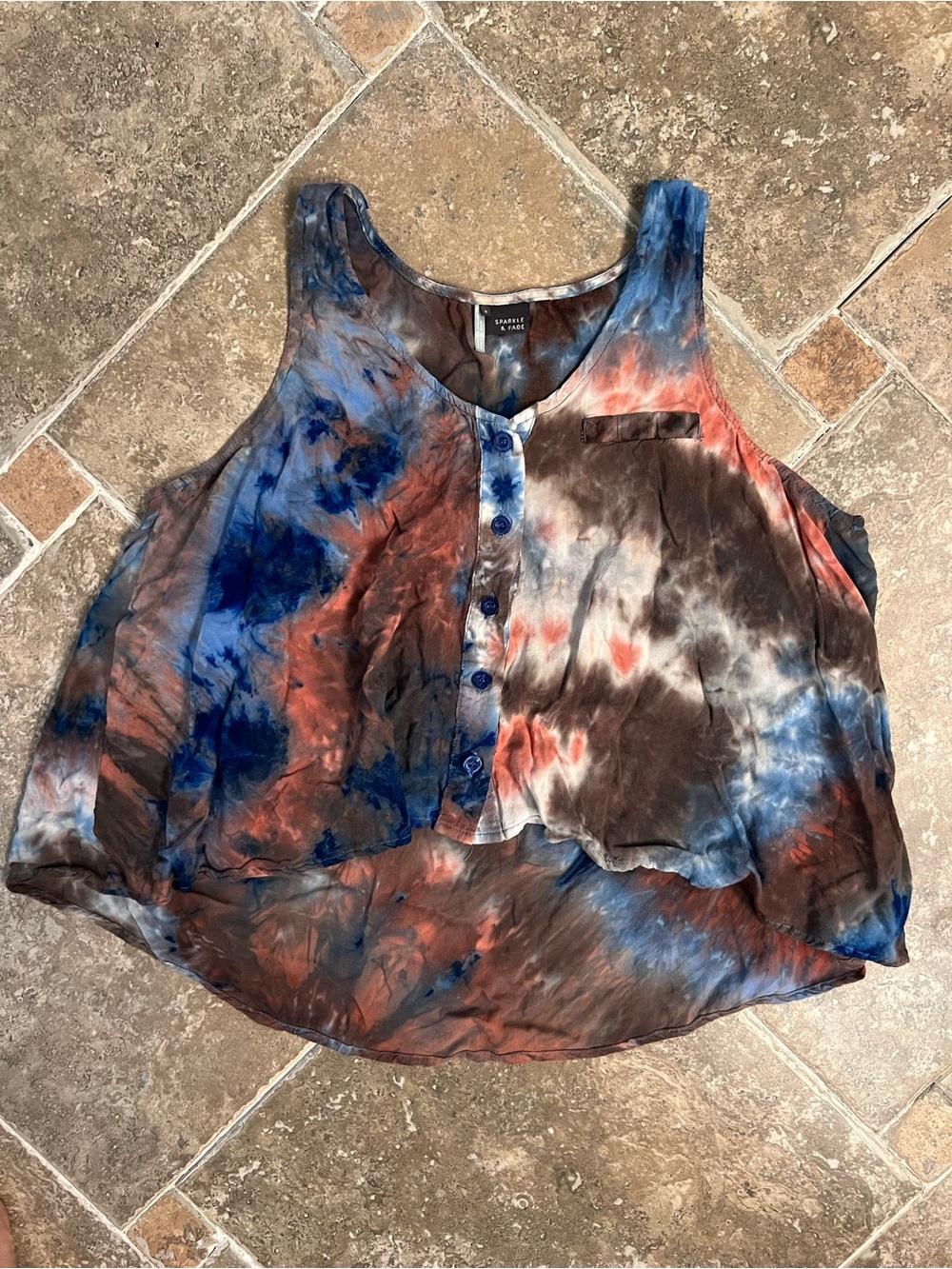 Sparkle & Fade Blue Brown Rust Tie-Dye Button Tank